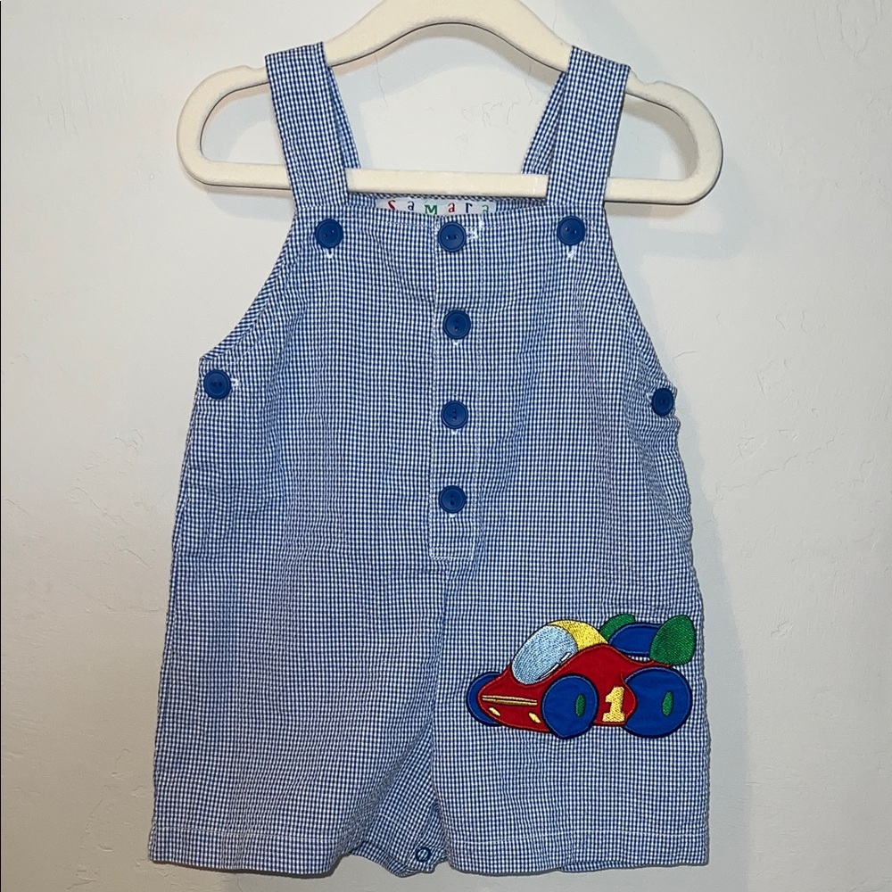 VINTAGE Samara Blue Checkered Kids Overalls with Race Car Patch - #1!